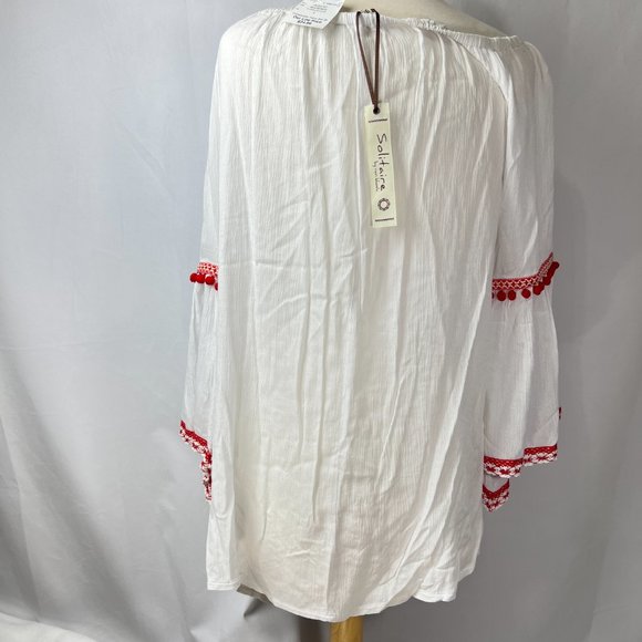 NWT Solitaire by Ravi Khosla White Peasant Top Sz L Red PomPoms Gauze-like Boho - Picture 2 of 7